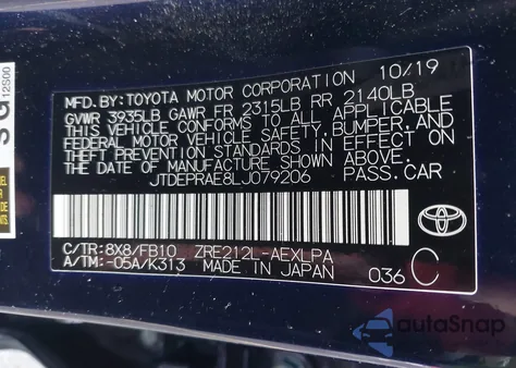 2020 Toyota Corolla Le from USA, damaged, VIN JTDEPRAE8LJ079206